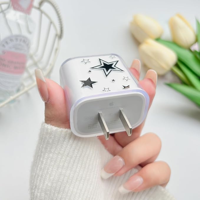 Lovmooful Compatible for iPhone 18W/20W USB-C Charger Cover Clear Lovely Star Design Soft Charger Protector Cute Cable Case Saver Protector for Girls Women-Black Star