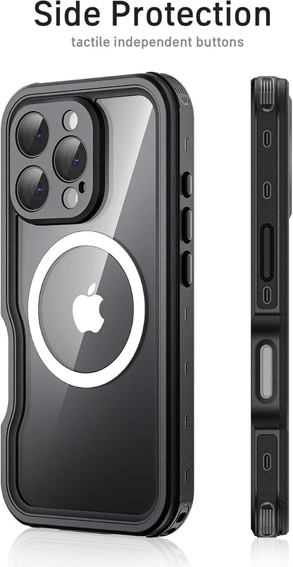 Waterproof Phone Case for iPhone 16 Pro, [Compatible with Magsafe] [IP68 Underwater] [Built-in Screen Protector & Glass Camera Protector] Full Body Shockproof Cover with Lanyard Black/Clear
