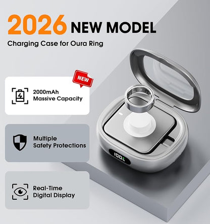 Charging Case for Oura Ring Gen 4 & 3 Charger, 2000mAh Portable Travel Power Station Fits All-Sized Oura Ring 4 & 3, 45-Day Runtime (Official Charger NOT Included)(Silver)