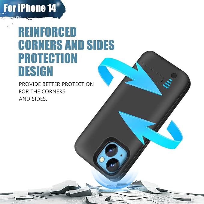 Battery Case for iPhone 14, 5000mAh Rechargeable Extended Battery Charging/Charger Case, Add 100% Extra Juice (6.1 Inches) Black
