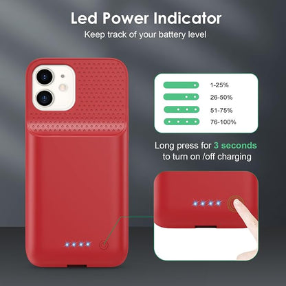 Battery Case for iPhone 12/12 Pro,[2025 Upgraded] 10800mAh Ultra-Slim Portable Extended Charger Case Cover for iPhone 12/12 Pro Charging Case (6.1 Inch)-Red