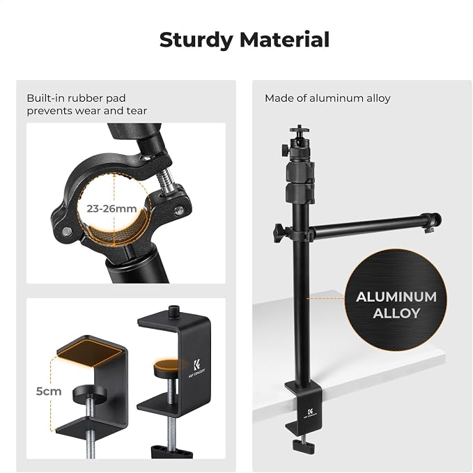 K&F CONCEPT Desk Mount Stand with Extension Arm, 37-91cm Adjustable Overhead Camera Mount, 1/4" Ball Head & 3/8" Adapter, C-Clamp for Ring Light, DSLR Camera, Smartphone, Live Streaming, Video