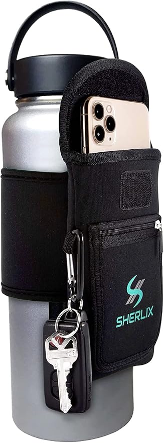 Gym Water Bottle Pouch, Waterproof Neoprene Sleeve with Accessory Pockets for Cell Phone, Airpods, Cards, Keychain Carabiner, Bottle Holder for Workout, Hiking, and More, Fits 18-40 oz Bottles