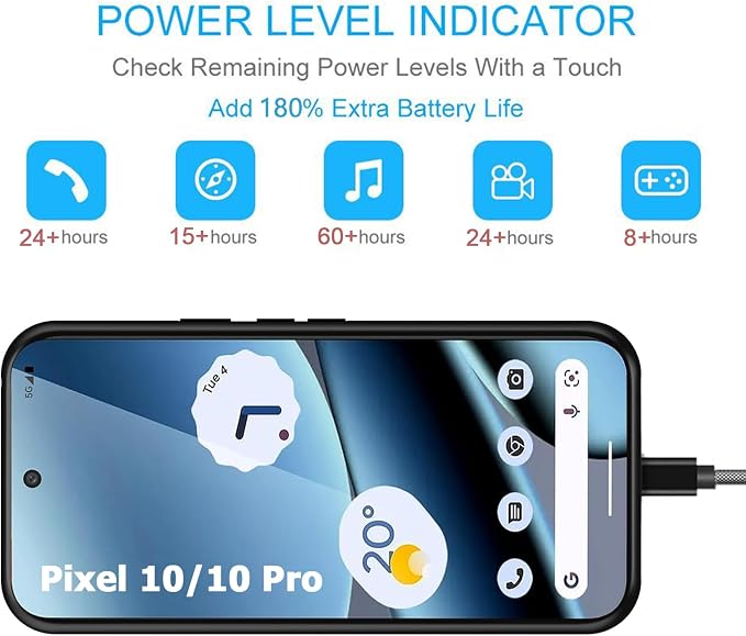 Battery Case for Google Pixel 10/10 Pro,10000mAh Portable Protective Charging Case with Wireless Charging Compatible for Google Pixel 10/10 Pro (6.3inch) Battery Pack Charger Case with Carplay (Black)