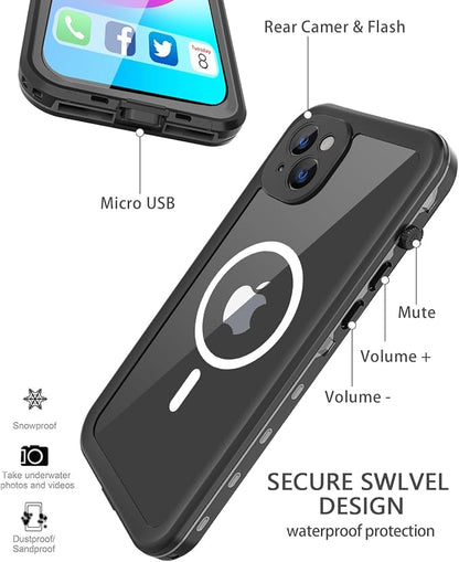 Design for iPhone 14 Plus Waterproof Case 6.7‘’, Full Body Shockproof Dust Proof Phone Case Cover with Built in Screen Protector - Black