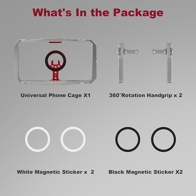 Magnetic Phone Cage with Handle,Smartphone Cage Kit with 360° Rotation Handgrip and Magnetic Sticker for Photography,Compatible with iPhone 17/16/15/14/13 Series and Andriod Phones (Silver+Red)