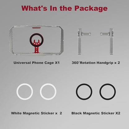 Magnetic Phone Cage with Handle,Smartphone Cage Kit with 360° Rotation Handgrip and Magnetic Sticker for Photography,Compatible with iPhone 17/16/15/14/13 Series and Andriod Phones (Silver+Red)