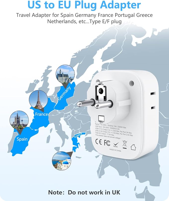 LENCENT Germany France Travel Power Adapter, Schuko Type E F Power Plug | Adaptor with USB Ports(2 Type C), 4 Outlet Converter, US to EU Spain France German Greece Norway Iceland South Korea Portugal