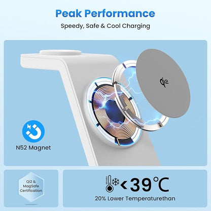 Magnetic Wireless Charging Station for iPhone: 3 in 1 Qi2 Certified 15W Fast Charging for iPhone 17-12, Apple Watch & AirPods, N52 Magnets & 30W Adapter Included (Office/Bedside/Desk)