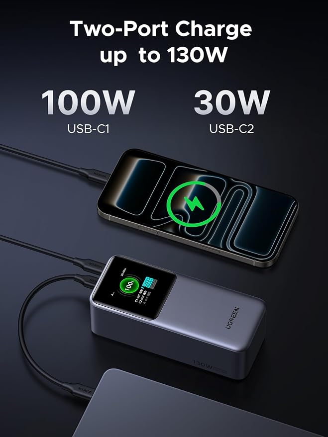 UGREEN Nexode Power Bank 20000mAh 130W Portable Charger 72Wh PD Fast Charging 3-Port USB C Battery Pack with TFT Smart Display for MacBook/iPad/iPhone 17/16/Samsung S26 and More