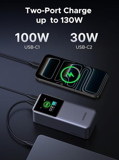 UGREEN Nexode Power Bank 20000mAh 130W Portable Charger 72Wh PD Fast Charging 3-Port USB C Battery Pack with TFT Smart Display for MacBook/iPad/iPhone 17/16/Samsung S26 and More