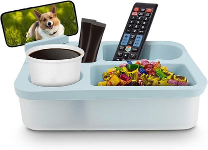 Couch Cup Holder Tray for Bed Sofa Organizer, Silicone Couch Caddy with Rotatable Phone Holder, Anti Spill Couch Drink Holder for Snacks Beverage TV Remote Cellphone(Blue)