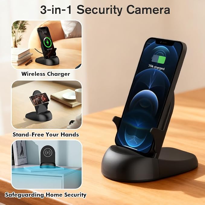 Security Camera WiFi Wireless Phone Charger, Security Cam Motion Activated,HD1080P(Rotate Lens) with 250°Viewing Angle, camaras espias ocultas for Home Office Security(2.4/5G)