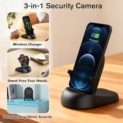 Security Camera WiFi Wireless Phone Charger, Security Cam Motion Activated,HD1080P(Rotate Lens) with 250°Viewing Angle, camaras espias ocultas for Home Office Security(2.4/5G)