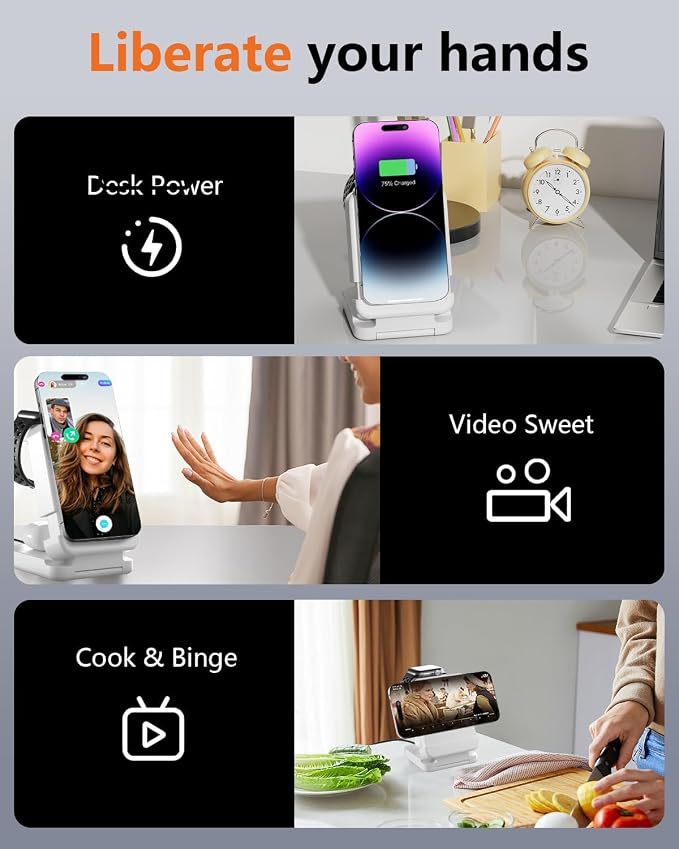 3 in 1 Foldable Wireless Charger, 15W Qi2 Magnetic Charger Stand for iPhone & Samsung, Apple Watch & Galaxy Watch, AirPods & Galaxy Buds, Travel-Friendly, 25W PD Adapter Included (White)