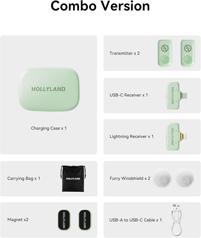 Hollyland Lark A1 Wireless Mini Microphone for iPhone & Android, 48kHz/24-bit, 3-Level Intelligent Noise Cancel, Microphone for YouTube, Podcast, Vlogging (Green, 2TX + 2RX + Charging Case)