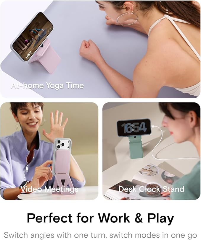 MOFT Phone Tripod Stand Selfie Stick for iPhone, Multi-Angles iPhone Stand, Lightweight & Portable Phone Holder, Strong Magnets, MOVAS Vegan Leather, Travel Essentials, Peony (Without Card Slot)