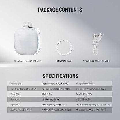 NEEWER Basics Magnetic Selfie Light Compatible with MagSafe iPhone, 2W CRI95+ Bi Color Swivel Small LED Phone Fill Lighting, 680lx/0.3m, Mirror for Vlog Recording Makeup Video Conference, NL45B White
