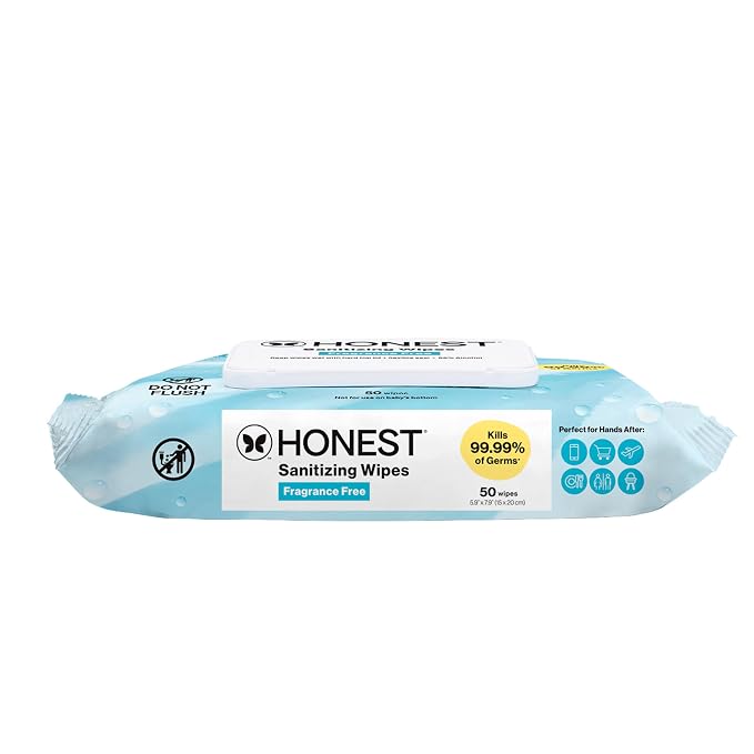 The Honest Company Fragrance-Free Sanitizing Alcohol Wipes, Antibacterial, Safe for Hands Kills 99% of Germs, Made With Aloe, 100 Count, (2 Packs 50)