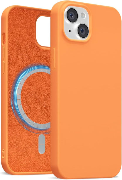 for iPhone 15 Plus/ 14 Plus Case Silicone Compatible with Magsafe Case, Ultra Slim Thin Magnetic Phone Cases Mag Safe, Cute Soft Rubber Gel Matte Wireless Charging Cover for Women, Neon Orange