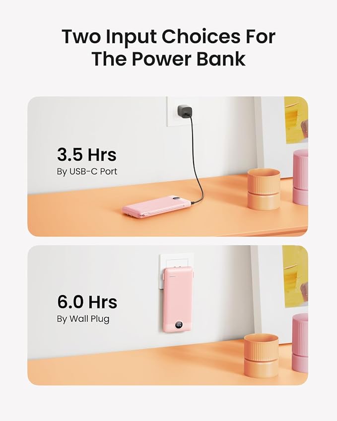 Portable Charger Built-in Cables and Wall Plug, 10000mAh Slim USB C Power Bank, LED Display External Battery Pack Compatible with iPhone/Android & More (Pink)
