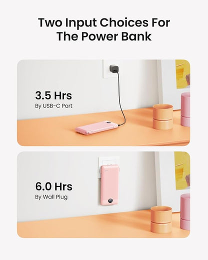 Portable Charger Built-in Cables and Wall Plug, 10000mAh Slim USB C Power Bank, LED Display External Battery Pack Compatible with iPhone/Android & More (Pink)