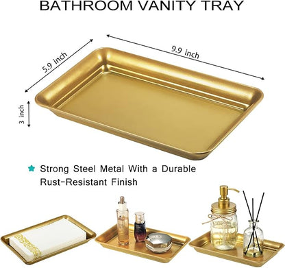 SheeChung Vintage Farmhouse Decor Metal Vanity Tray(4 Pack),Countertop Guest Hand Towel Storage Organizer Tray Dispenser, Sturdy Holder for Perfume,Cosmetics, Jewelry, Makeup Bathroom Organizer (Glod)