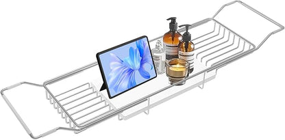 BVL Bathtub Tray Stainless Steel with Marble Base Chrome Bathtub Tray with White Marble Base Adjustable & Rustproof Bath Caddy for Spa, Relaxation, Bath Bombs