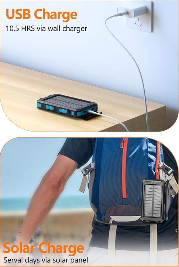 Solar Power Bank 38800mAh Portable Charger with USB-C 5V/2.4A Fast Charging Power Bank Compatible with iPhone, with 2 LED Flashlights External Battery Pack Perfect for Camping, Hiking
