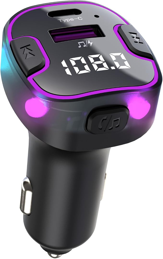 Bluetooth 5.3 Car Adapter, PD &QC3.0 Fast Charging FM Radio Transmitter for Car, Radio Bluetooth Receiver, Hands-Free Calling, U Disk & Colorful Light