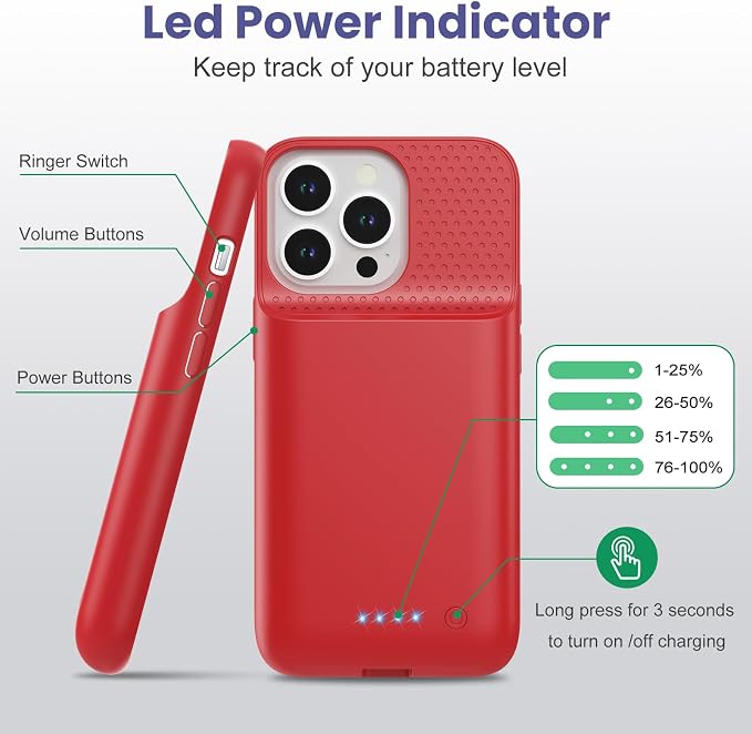 Battery Case for iPhone 13/13Pro/14,7500mah Ultra-Slim Protective Charging Case, Portable Rechargeable Expandable Battery Charger Cover Compatible with iPhone 13/13Pro/14 (6.1 Inch)-Red