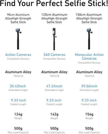 TELESIN 60" Selfie Stick for GoPro, Portable Extended Vlog Invisible Pole for GoPro Hero 13 12 11 DJI Action 6 5 4 DJI Osmo Nano/360 Insta360 X5 X4 Handheld Monopod for Travel, Action Camera Accessory