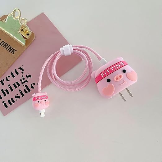 Compatible with iPhone 18W/20W USB-C Charger Protector Cover, 3D Cute Cartoon Charger Case for Apple iPhone 20W USB-C Power Adapter and Lightning Cable Protective Wire Saver (Fitting Pig)