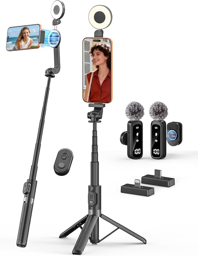 USKEYVISION Magnetic Selfie Stick Tripod with Light, Magnetic Holder for Magsafe, 360° Rotatable Phone Tripod with Rechargeable Remote&Microphone, Vlogging Kit for Video Recording(SPT-02 Combo1)