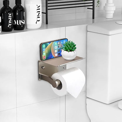 Homely Trove Toilet Paper Holder with Shelf - Self Adhesive Tissue Towel Dispenser or Wall Mounted Toilet Paper Roll Holder - Rustproof Bathroom Phone Holder Tissue Holder Brushed Nickel
