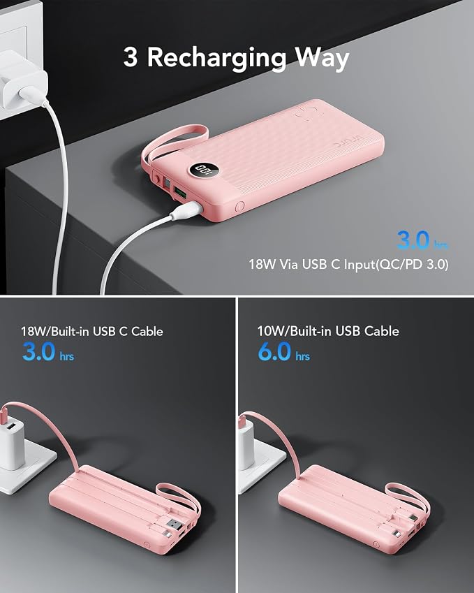 VRURC 22.5W 10000mAh Fast Charging Power Bank Built‑in 4 Cables | Portable Charger Slim,Travel Battery Pack for iPhone, Samsung & Multi Devices, Pocket‑Friendly with Lanyard-Pink(1 Pack)