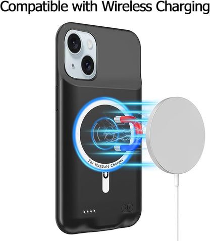 Battery Case for iPhone 15 Plus, Full Encircle 12000mAh High Capacity Rechargeable Portable Charger Case Extended Battery Pack for iPhone 15 Plus (6.7 inch) Wireless Charging Case with Carplay-Black