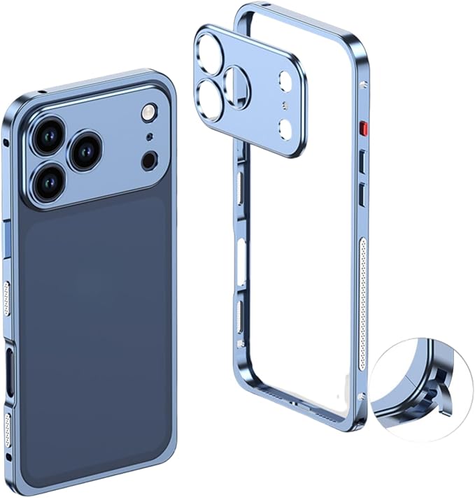 Thin Metal Frame Heat Dissipation Case with Lens Protector Slim Hard Titanium Shockproof for iPhone 17/16/15/14 /13 (Blue,for iPhone17 Plus)