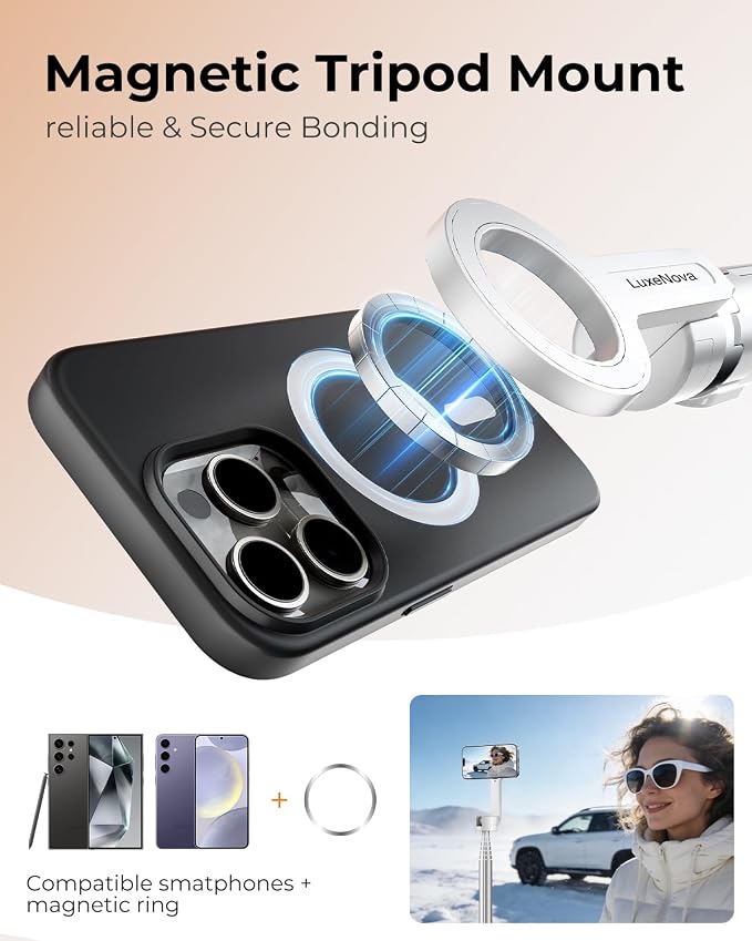 72'' Magnetic Selfie Stick Tripod for iPhone MagSafe – One-Click Open Stable Stand, Strong Magnetic Mount, 360° Rotation, Extendable Aluminum with Rechargeable Remote for Travel & Video Recording