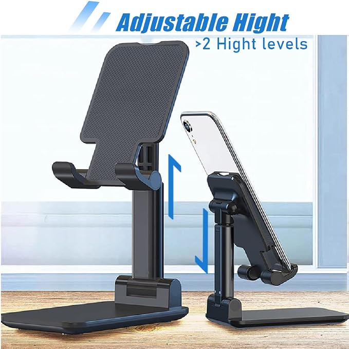 Phone Holder for Desk, MT-6 Cell Phone Stand for Desk Universal Cellphone Stand Holder Foldable & Height Adjustable Compatible Under 8” Device, with Silicone Mat, Black