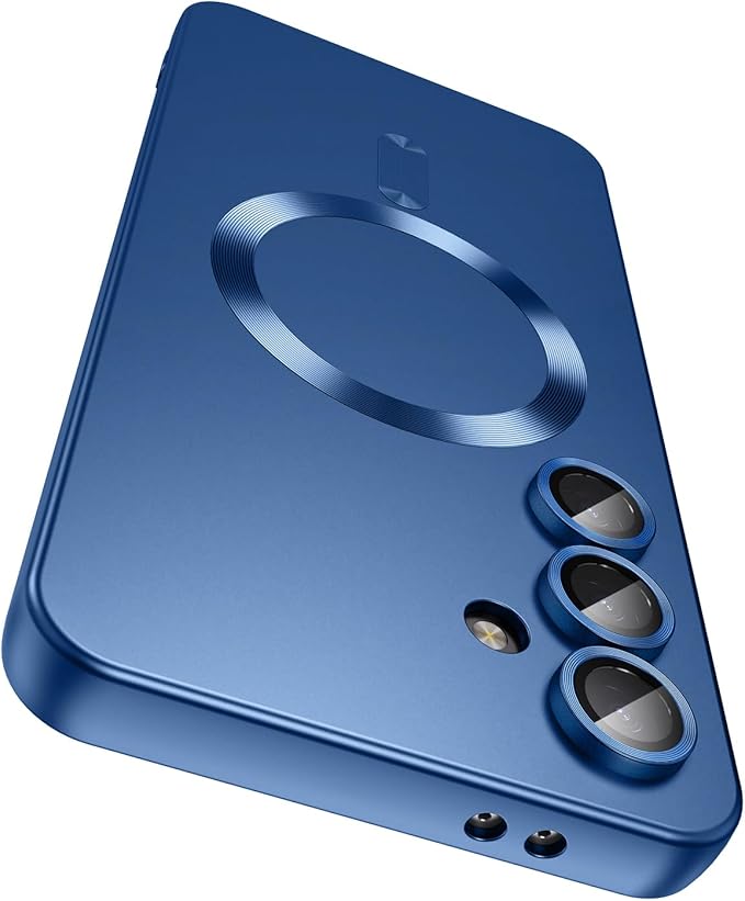 Magnetic for Samsung Galaxy S24 FE Case [Compatible with MagSafe][Built-in Camera Lens Protector] Slim Soft Silicone Bumper Shockproof Metallic Luster Phone Cover (Blue)
