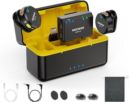 NEEWER CM29 Mini Wireless Microphone, 48KHz/24Bit Noise Cancelling Clip On Lav Mic, 25H Battery, 150m Range, Compatible with iPhone iPad Android DJI Insta360 Camera PC Mac (1RX+2TX+Charging Case)