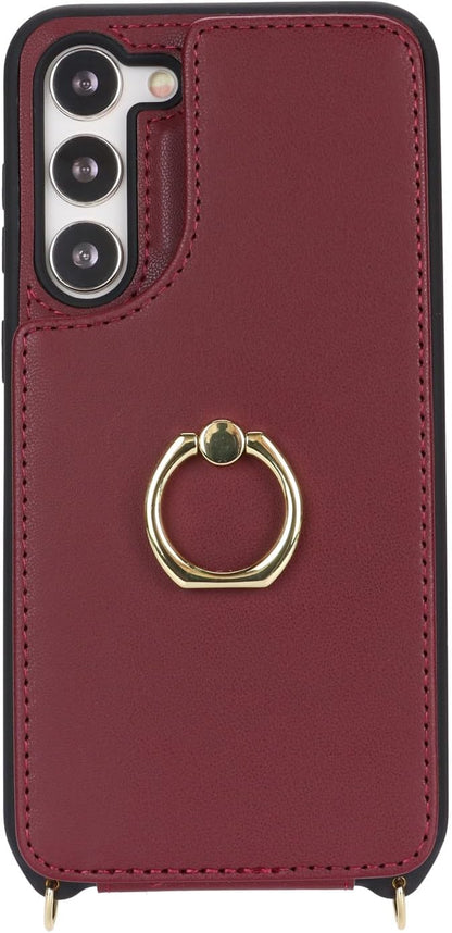 Lipvina for Samsung Galaxy S22 Case with Card Holder and Strap for Women,Crossbody Lanyard,RFID Blocking,Stand Ring Kickstand,Snap Clasp,Phone Wallet Cases 6.1 inch(Wine Red)