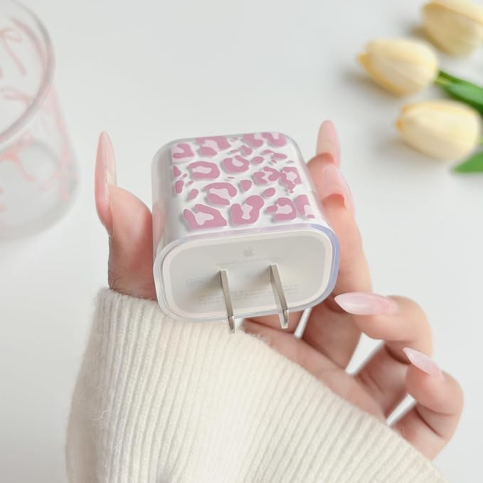 Lovmooful Compatible for iPhone 18W/20W USB-C Charger Cover Clear Lovely Leopard Design Soft Charger Protector Cute Cable Case Saver Protector for Girls Women-Pink Leopard