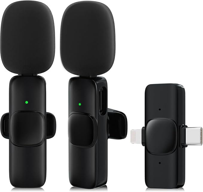2 Pack Wireless Lavalier Microphone for iPhone,Android, USB C, Clip-on Mics, Bluetooth Lapel Mic for Video Recording Interview Vlog YouTube TikTok