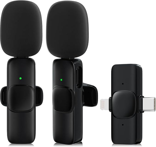 2 Pack Wireless Lavalier Microphone for iPhone,Android, USB C, Clip-on Mics, Bluetooth Lapel Mic for Video Recording Interview Vlog YouTube TikTok
