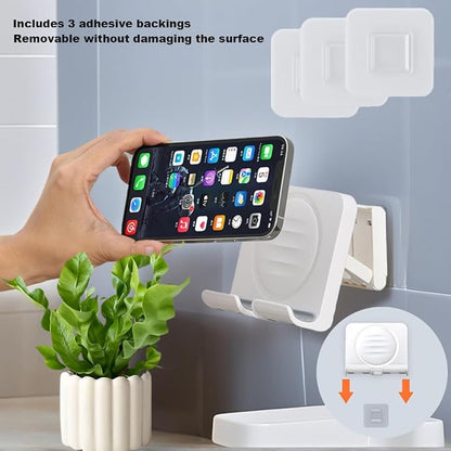 Shower Phone Holder, Wall Mount Cellphone Stand with 3pcs Adhesive Pads, Adjustable & Portable Mirror Smartphone Wall Holder, Desktop Phone Mount Stand for Bathroom Bedroom Kitchen or Dorm