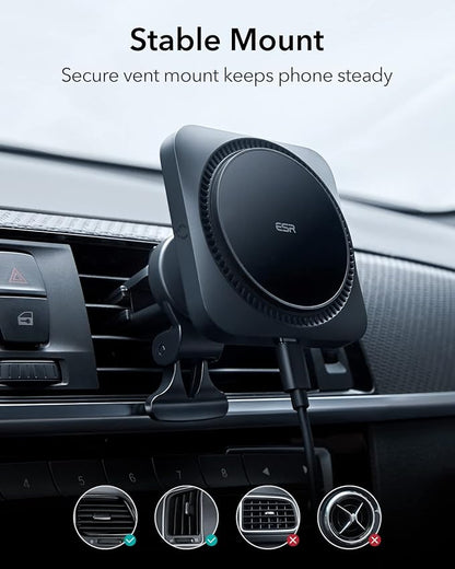 ESR for MagSafe Car Mount Charger with CryoBoost, Magnetic Wireless Car Charger, for MagSafe Car Charging, for iPhone 17e/17/16/15/14/13/12, S26/S25, Fast Phone Cooling Charging Set,36W QC 3.0 Adapter