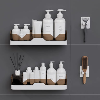 2-Pack Adhesive Shower Caddy, Shower Shelves with Hooks, No Drilling Shower Racks for inside shower & Kitchen Storage (Gold)
