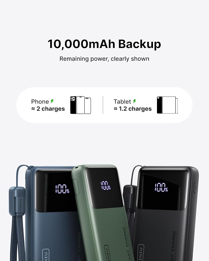 INIU Ultra Compact Power Bank, 10000mAh 45W Fast Charging Portable Charger with Detachable USB-C Cable & Stand, Flight-Safe Travel Battery Pack for iPhone 17 16 15 Pro Max Air, Samsung S26, iPad, etc
